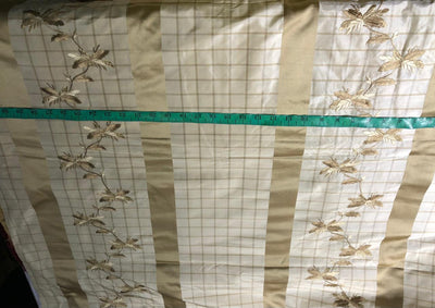100% Silk Taffeta  Fabric  CREAM AND GOLD PLAIDS WITH GOLD EMBROIDERED  LEAVES TAFE24
