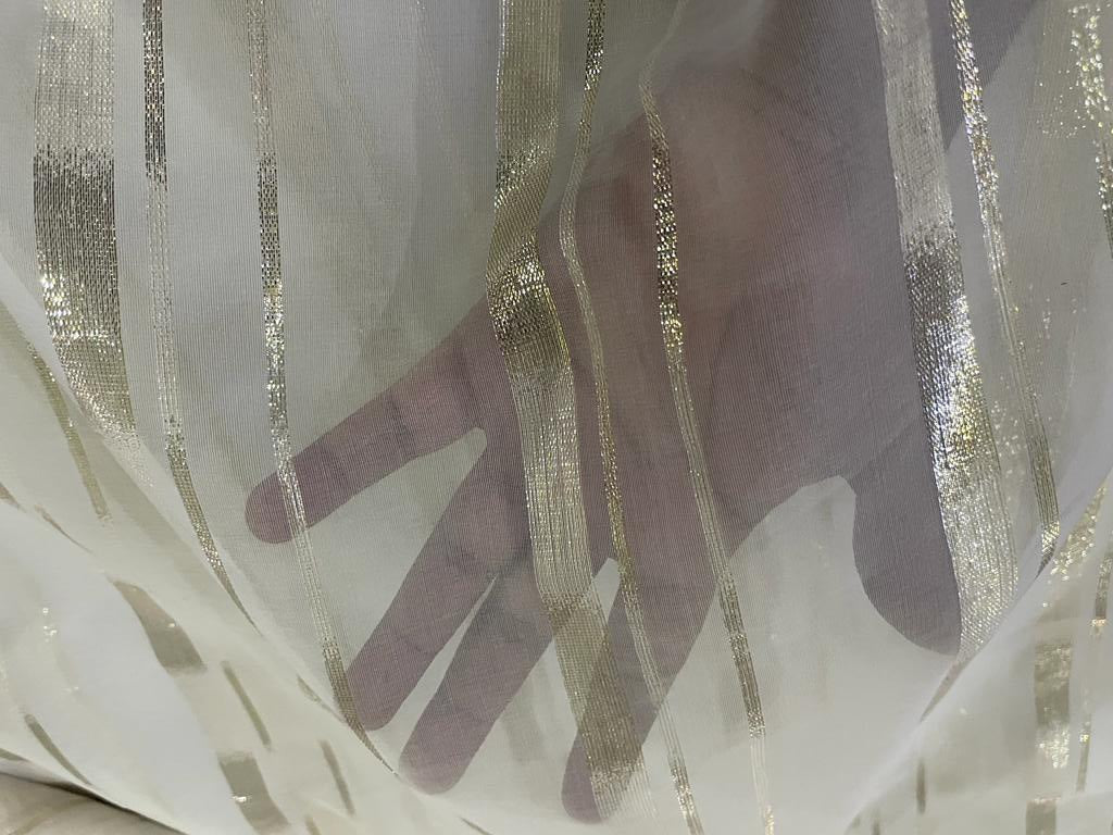 100% silk organza white with white gold lurex stripes fabric 44" wide [15512]