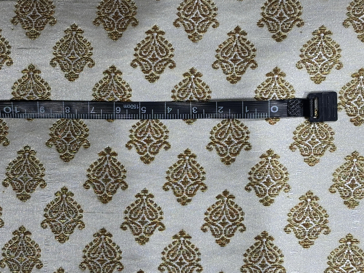 Silk Brocade fabric 44" dark ivory with antique gold jacquard motifs available in 2 designs leaf and paisley BRO1053