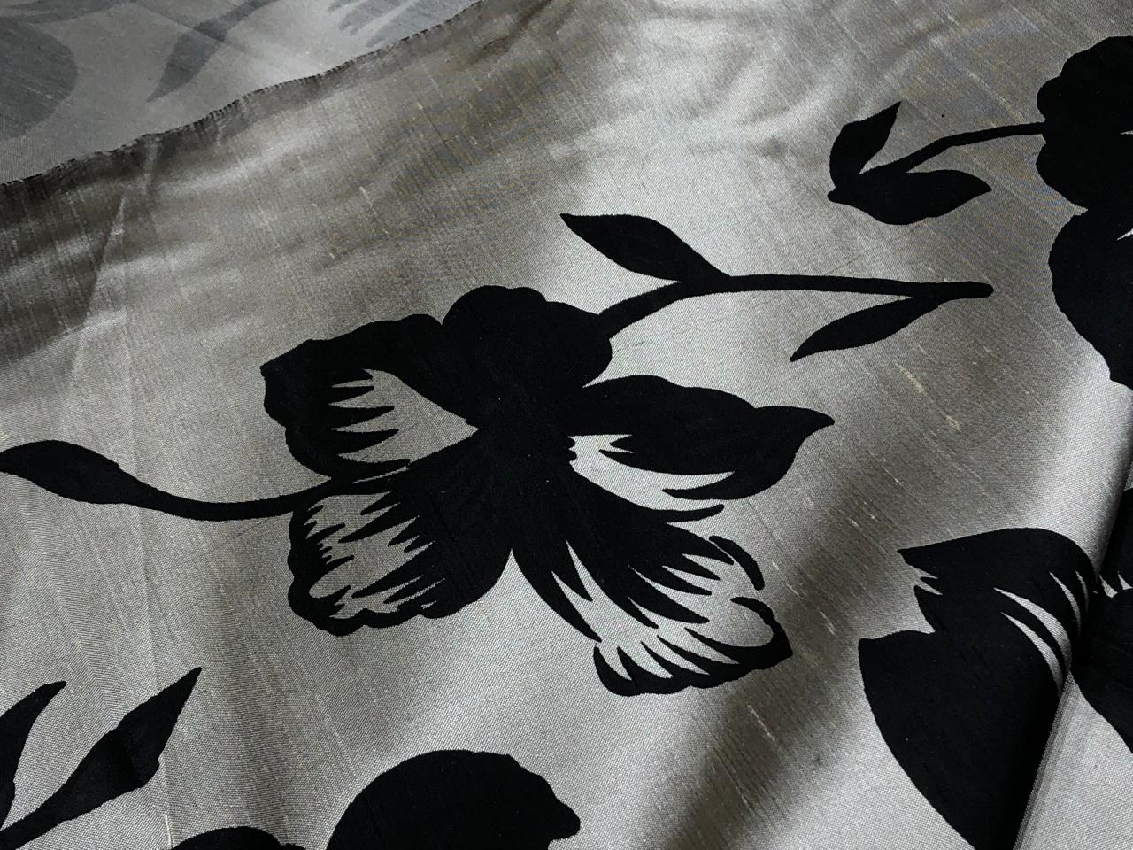 100% silk Dupion fabric brushed  gold with black floral print 54" wide DUPPRT42