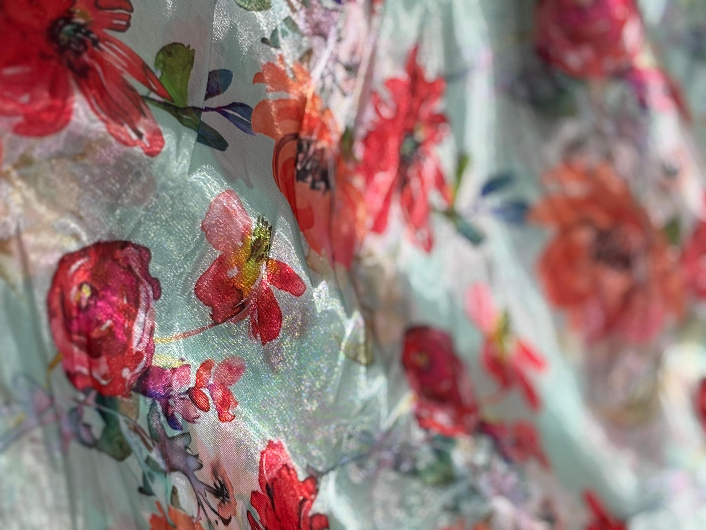 Silk metallic tissue organza fabric MULTI COLOR FLORAL JACQUARD 44 INCHES WIDE available in 2 STYLES MINT WITH PINK/ORANGE FLOWERS AND YELLOW WITH TINY PINK/ORANGE FLOWERS[17164/65]