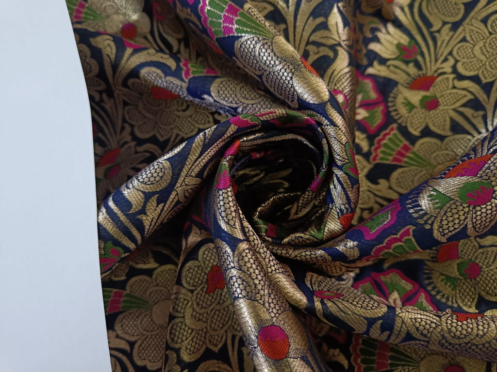 Silk Brocade fabric navy, pink, orange, green x metallic gold jacquard 44" WIDE BRO902[4]