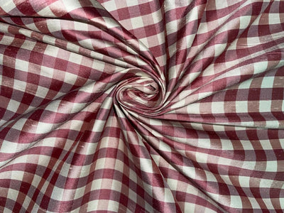 SILK DUPIONI FABRIC PINK &amp; IVORY COLOR PLAIDS 54" wide DUPC65