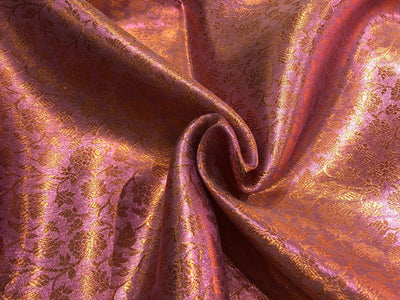 Silk Brocade pink Tissue Fabric with metallic copper  jacquard available in 2 designs floral and geometric with leaf motif BRO1020[1/2]