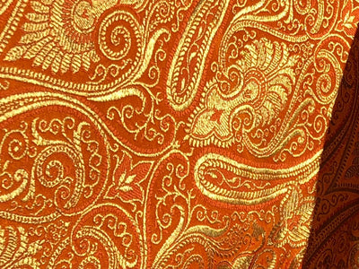 Silk Brocade fabric 44" paisley metallic gold  jacquard available in 2 colors bright orange and turquoise blue  BRO1049