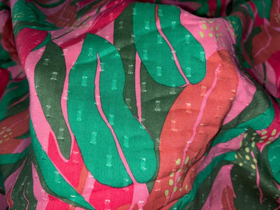 100% Pure Cotton Dobby print  fabric abstract pink and green leaves 58" wide [17200]
