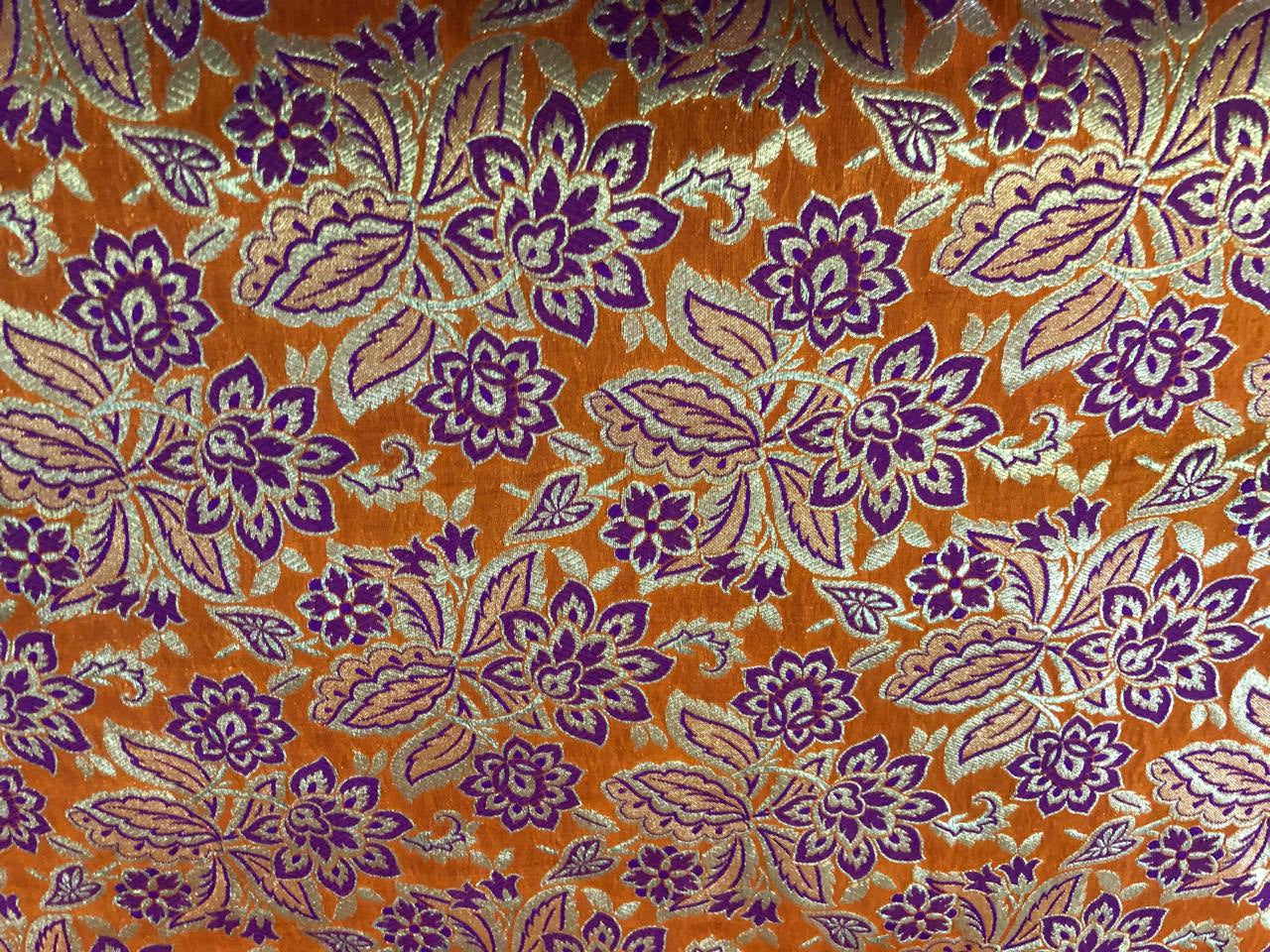 Silk Brocade fabric  ORANGE WITH PURPLE FLORAL Jacquard 44" wide  BRO822A[3]