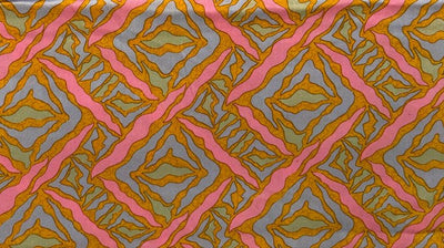 100% Pure Silk 100 grams satin printed 44"wide fabric pink, mustard and silver grey abstract  [18419]