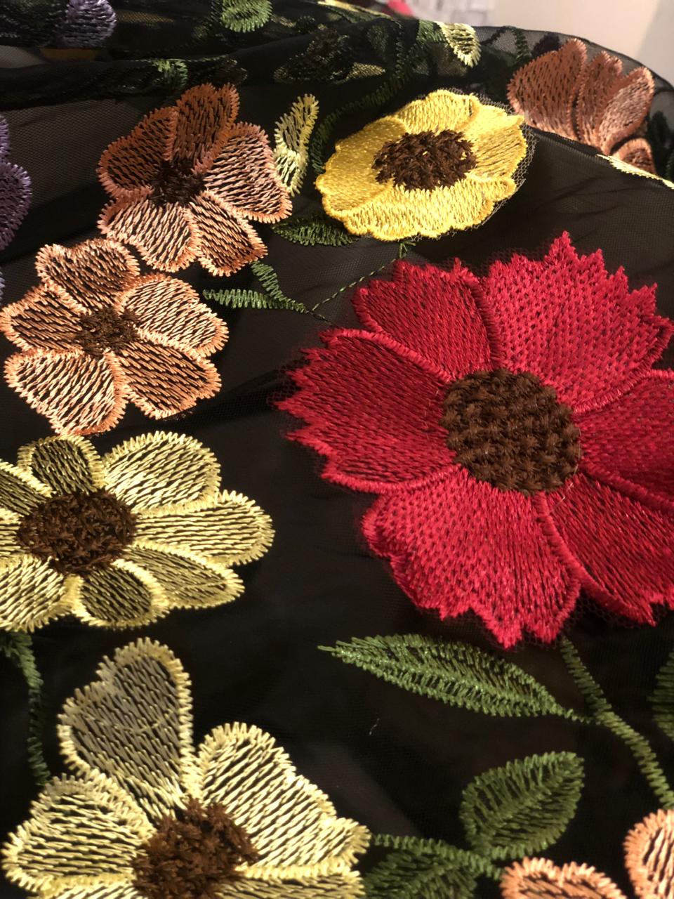 BLACK NET WITH BEAUTIFUL MULTI COLOURED FLOWERS [16917]