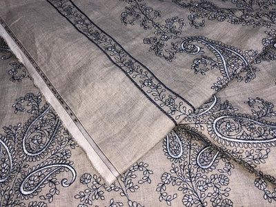 100% Linen  Kashmiri Embroidered fabric paisleys 58" wide available in 3 colors ivory with pink paisleys ,camel with navy paisley and ivory with beige paisley