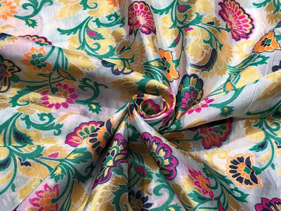 Silk Brocade fabric with multi color  floral jacquard and metallic  gold available in 3 colors  white,green , and pink BRO1014
