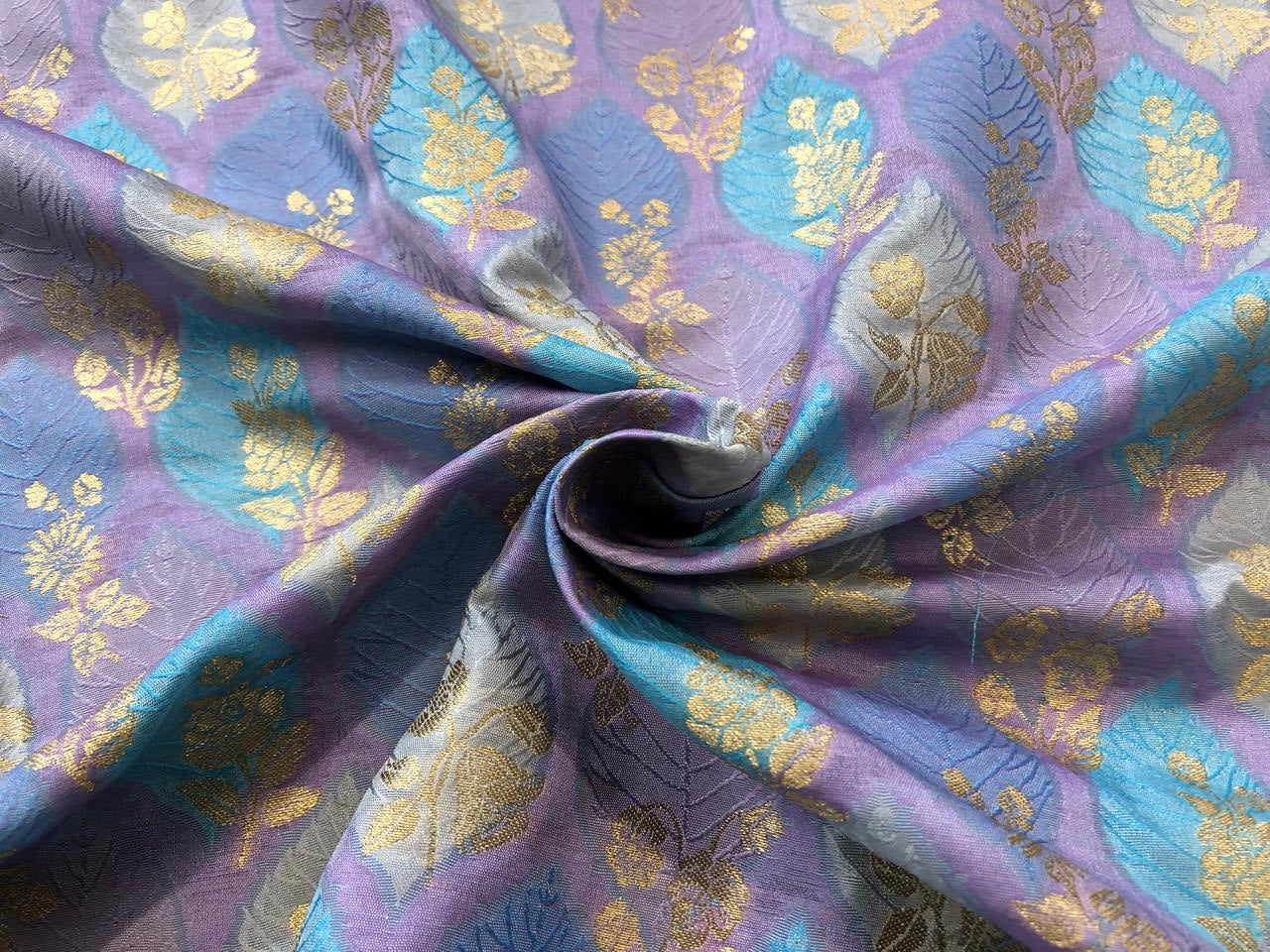 Silk Brocade fabric with colorful  leaf floral motif jacquard available in 3 colors mauve , pink peach and ivory BRO1091