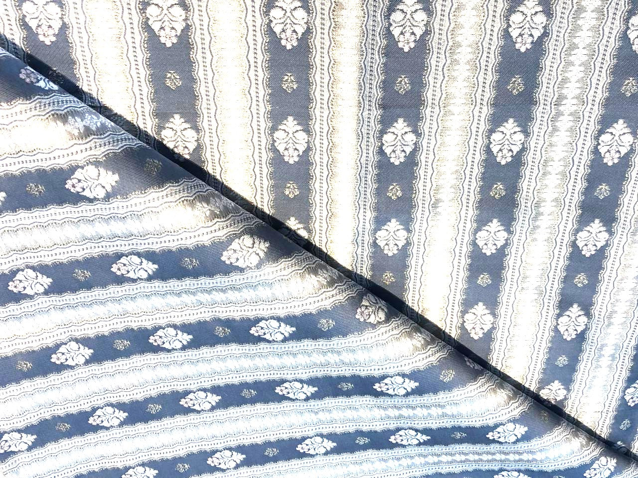 Silk Brocade fabric slate blue ,silver and white horizontal stripes with flower  motifs BRO1090[1]
