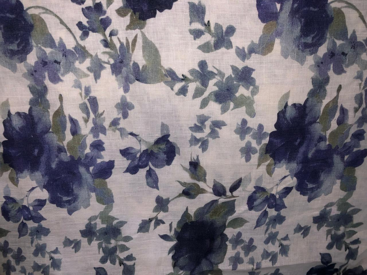 70's lea  pure linen fabric 57 inch wide grey and blue floral print [17649]