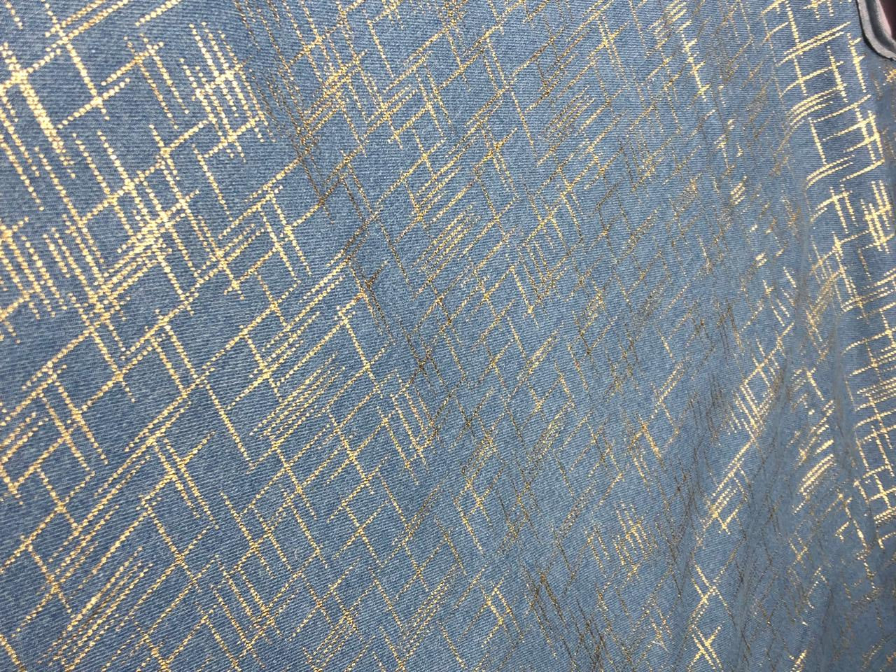 100% Cotton Denim Fabric with foil print 58" wide available in 3 colors light dusty green, light blue and darker blue[17720/21/22]