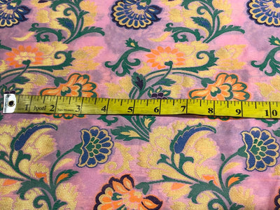 Silk Brocade fabric with multi color  floral jacquard and metallic  gold available in 3 colors  white,green , and pink BRO1014