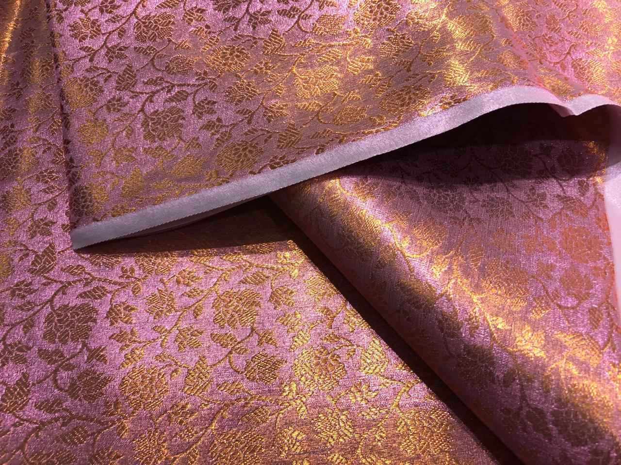 Silk Brocade pink Tissue Fabric with metallic copper  jacquard available in 2 designs floral and geometric with leaf motif BRO1020[1/2]