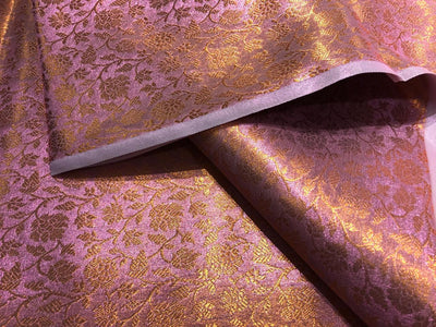 Silk Brocade pink Tissue Fabric with metallic copper  jacquard available in 2 designs floral and geometric with leaf motif BRO1020[1/2]