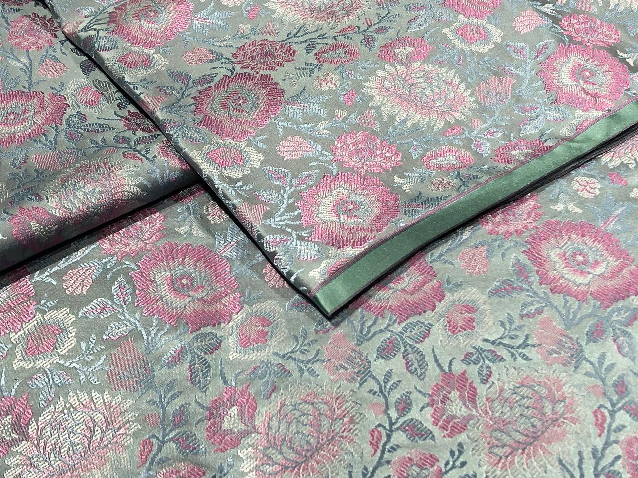 Silk Brocade fabric 44"  green sheen, silver ,blue and pink floral  jacquard BRO1050[1]