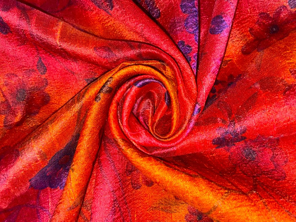 100% silk Dupion fabric redish orange with black floral print 40" wide SLUBS DUPPRT41[1]