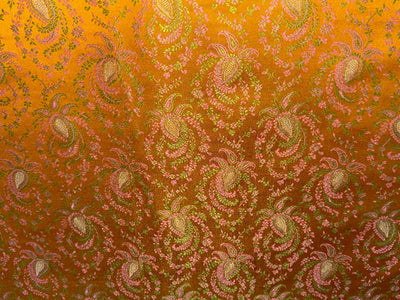 Silk Brocade fabric mustard orange with  green and pink paisley jacquard  BRO1082[1]