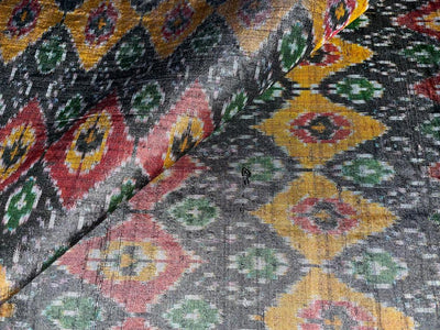 100% pure silk dupion ikat fabric black maroon x green color 44" wide [8374]