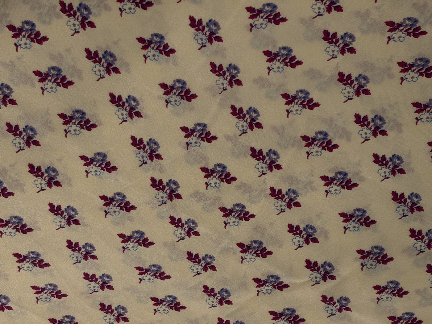 Pure silk  crepe printed fabric cream with tiny lavender burgundy floral motifs 54"[18262]