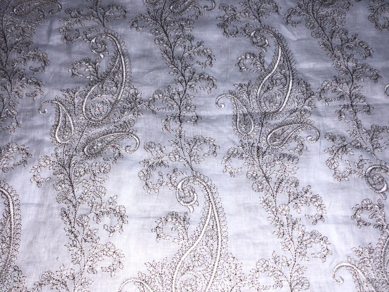 100% Linen  Kashmiri Embroidered fabric paisleys 58" wide available in 3 colors ivory with pink paisleys ,camel with navy paisley and ivory with beige paisley