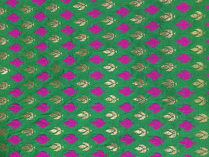 SILK BROCADE FABRIC Green,Pink & Metallic Antique GOLD color 44" wide BRO291[1]