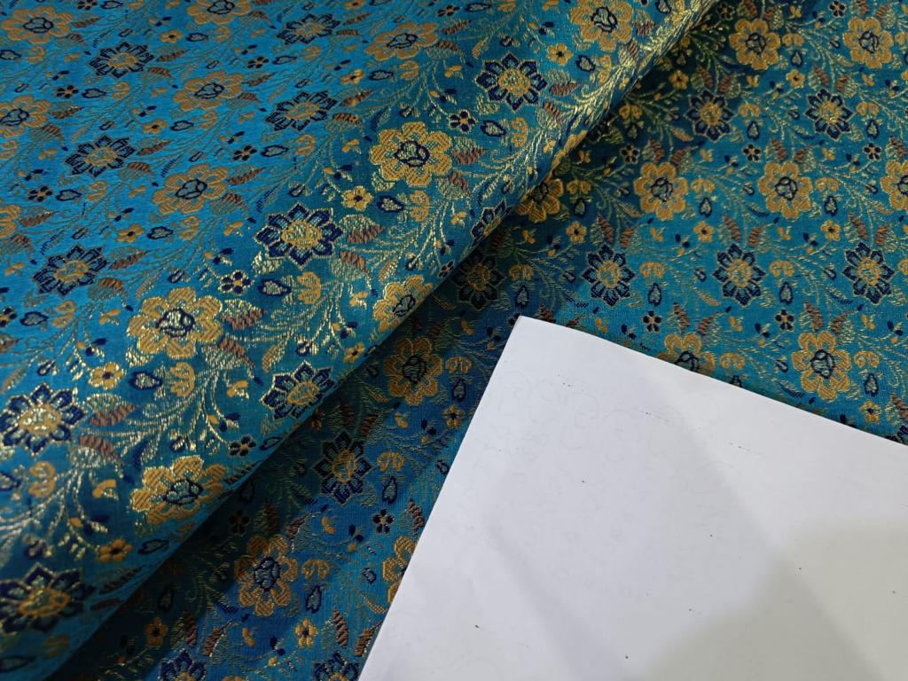 Silk Brocade fabric Blue,Metallic Gold &amp; Mustard Color 44" wide BRO249[5]