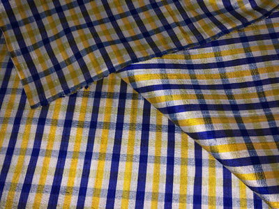 100% silk dupion  Plaids fabric with slubs shades of golden yellow ,blue ,royal blue and white yellow 54" wide DUPNEWC26[3]