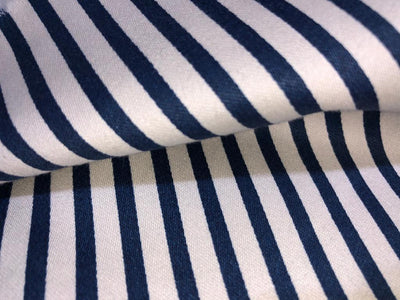 100% Cotton Denim Fabric 58" wide available in 4  different stripe designs 2 navy and white stripes and 2 navy and cream stripe