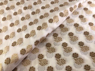 100% PURE Silk Brocade fabric 44" wide FLOWER MOTIF available in 2 colors white ivory and navy black BRO1016[1/2]