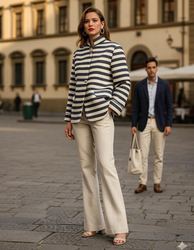 Cotton Denim Fabric ecru and navy herringbone stripes 58" wide [18241]ROLL