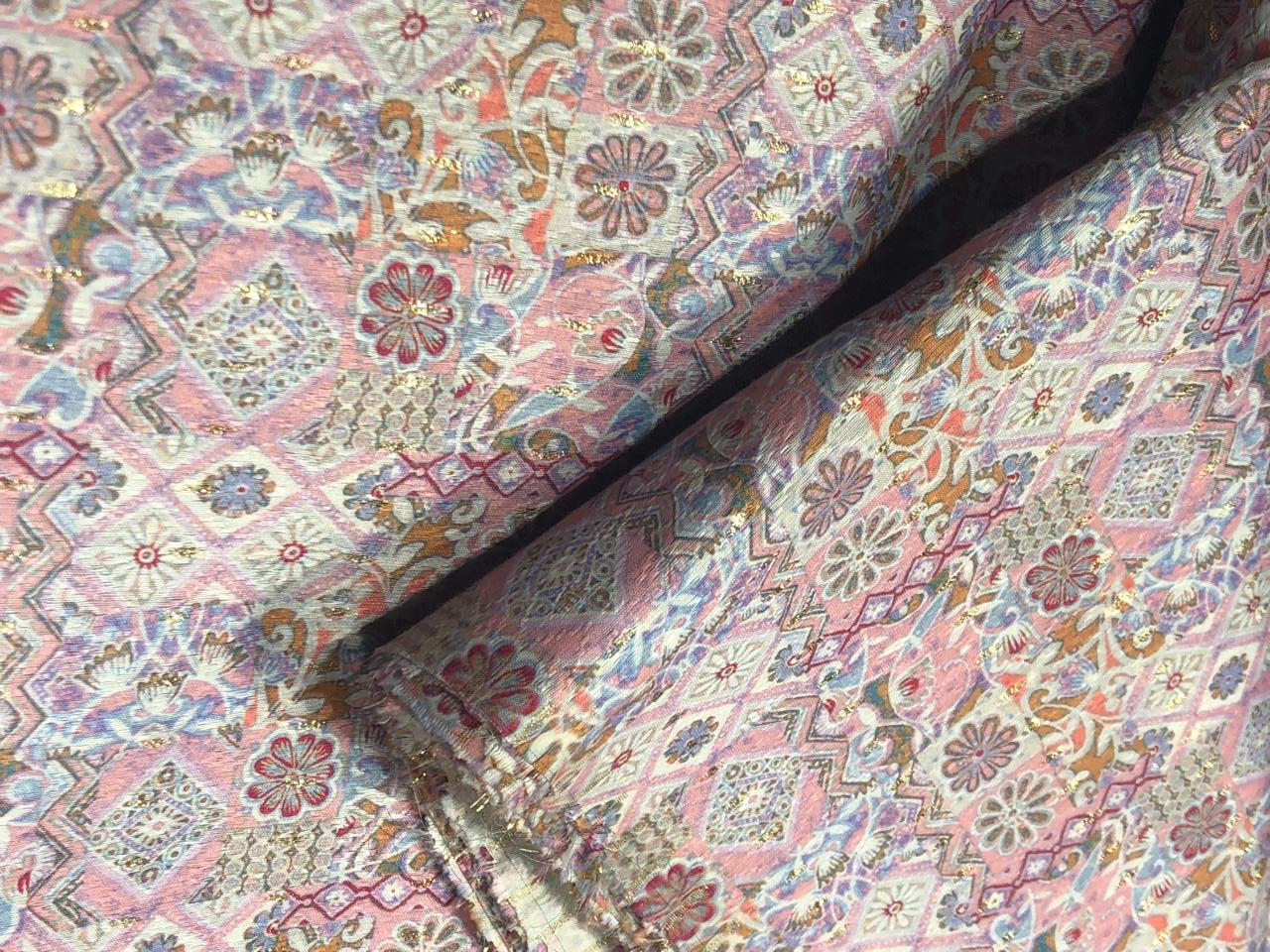 Silk Brocade fabric 56" ivory with  pink with blue and mango floral and very subtle metallic gold jacquard BRO1060[2]