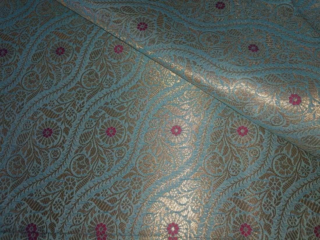 Brocade jacquard fabric sea blue with red flowers and metalic gold color 44" wide BRO874[1]