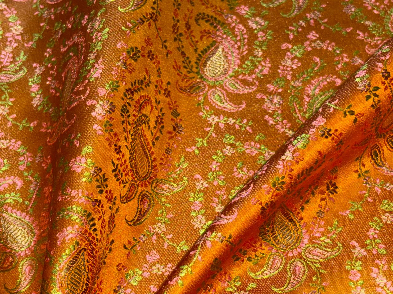 Silk Brocade fabric mustard orange with  green and pink paisley jacquard  BRO1082[1]