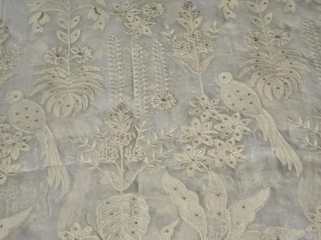 Designer Unstitched Semi Silk  WHITE GEORGETTE PARSI EMBROIDERY each order has 2.70 yards of embroidered fabric with a matching embroidered dupatta