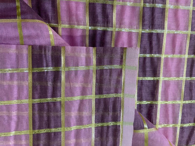 cotton chanderi fabric plaids shade of pink &amp; metallic gold 44&quot; wide [9258]