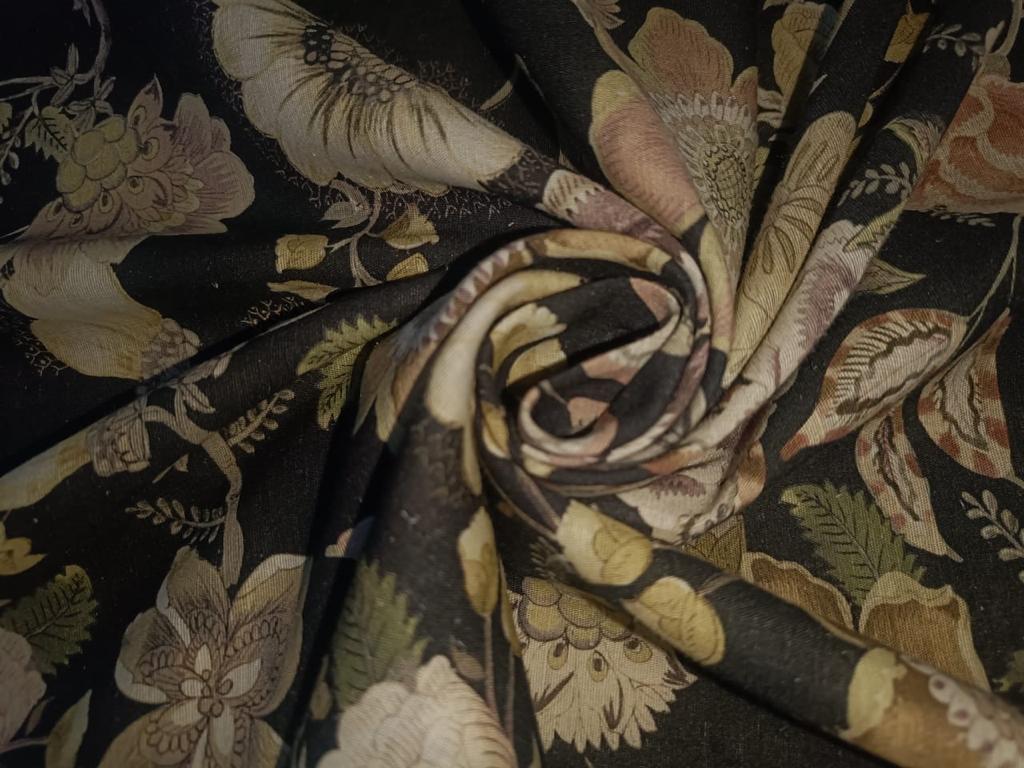 100% Linen Black with  Floral Print Fabric 44" wide [15422]