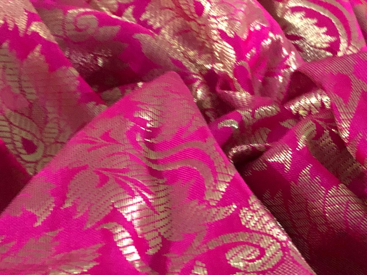 Silk Brocade fabric bright pink with white gold floral jacquard 44" BRO1063[1]