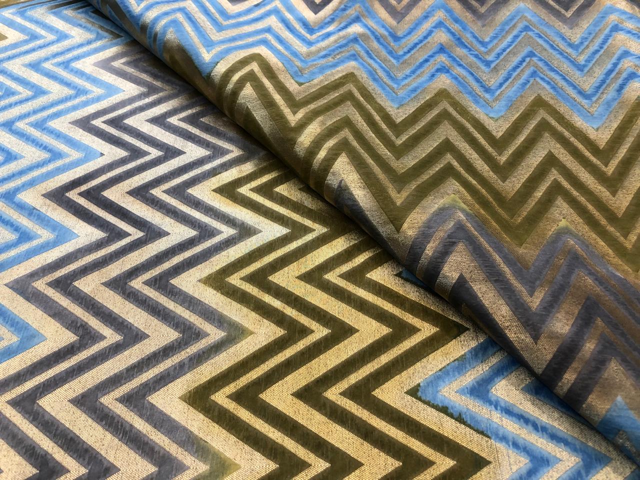Silk Brocade fabric geometric zig zag jacquard slate blue ,olive and gold BRO1092[3]