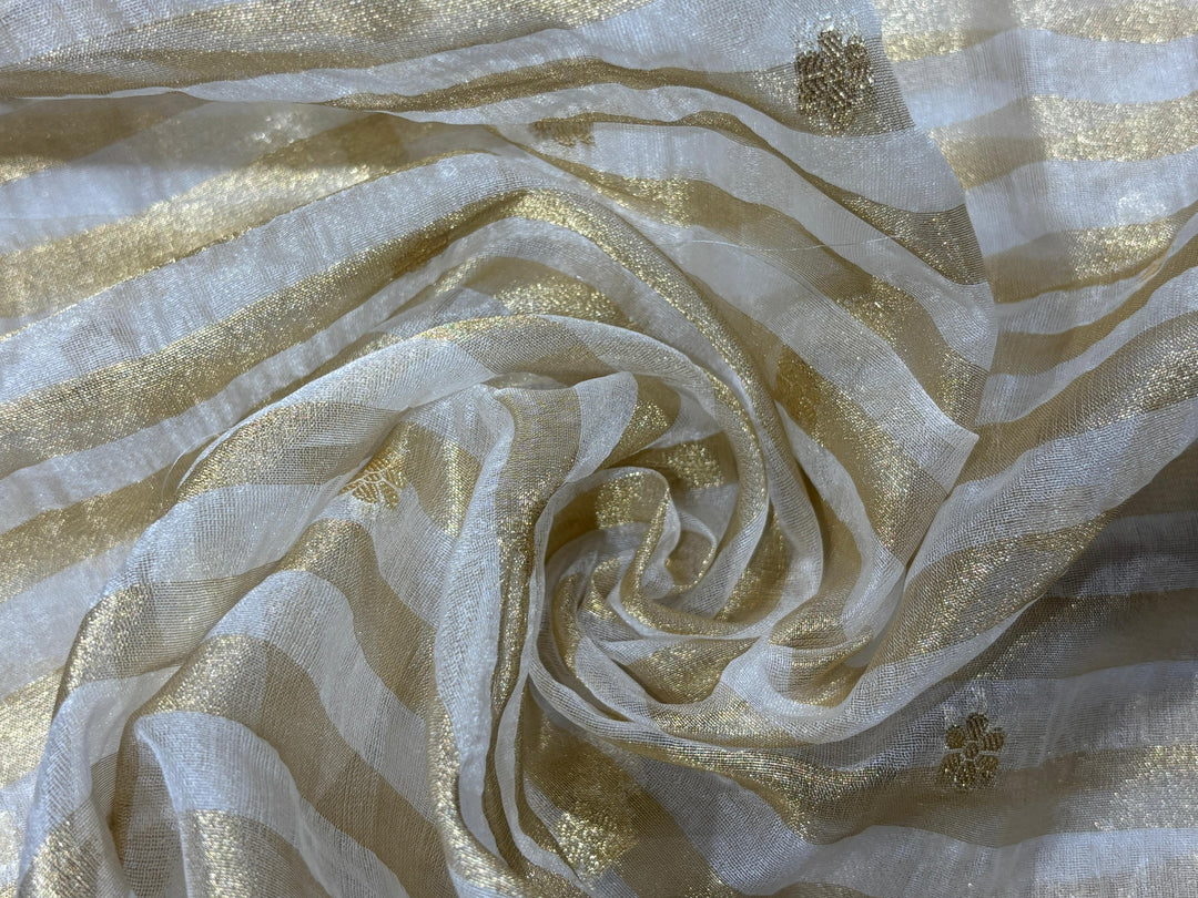 white and gold dress material Tissue fabric ivory and gold stripe with gold dainty flowers 44