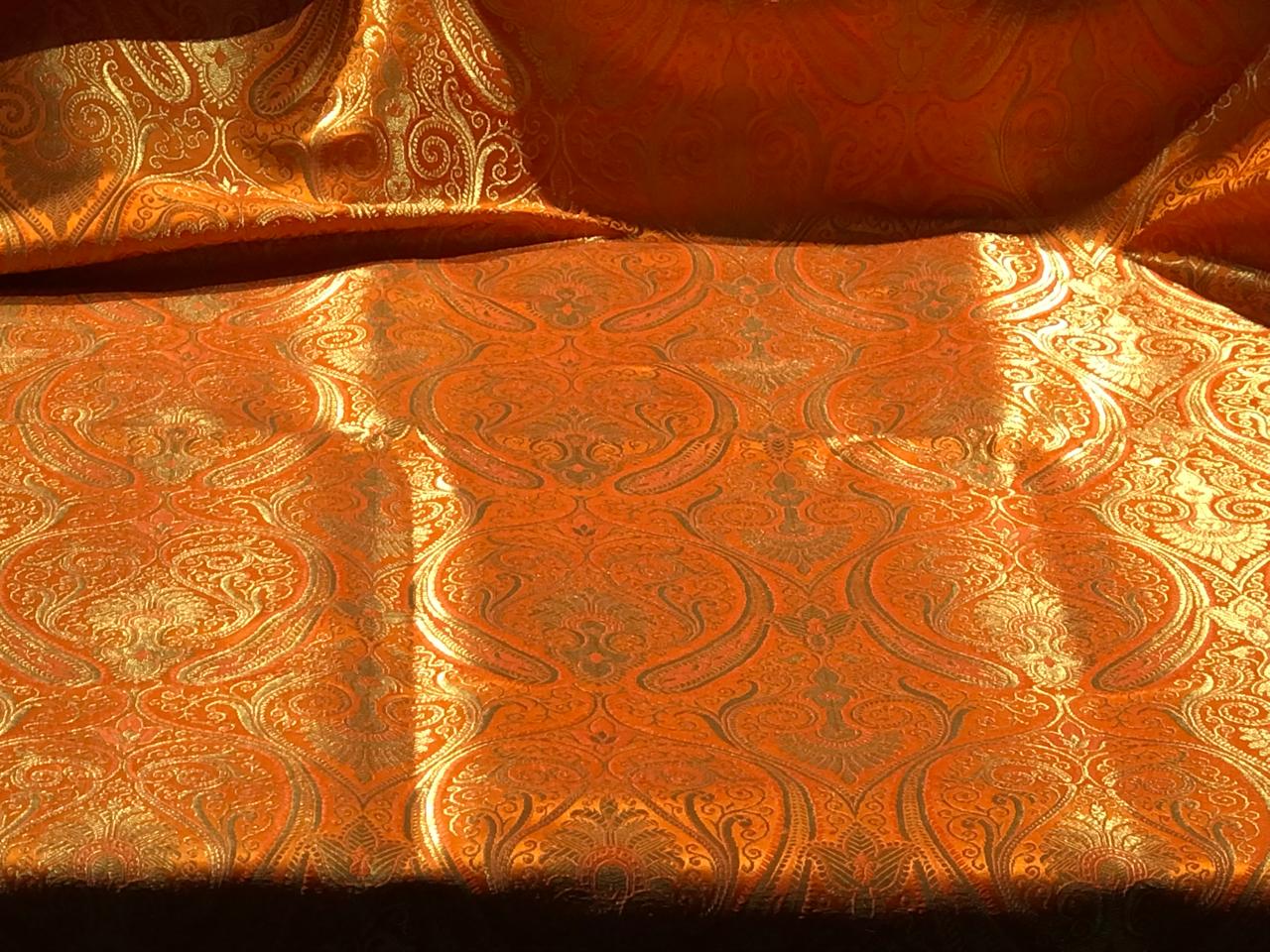 Silk Brocade fabric 44" paisley metallic gold  jacquard available in 2 colors bright orange and turquoise blue  BRO1049