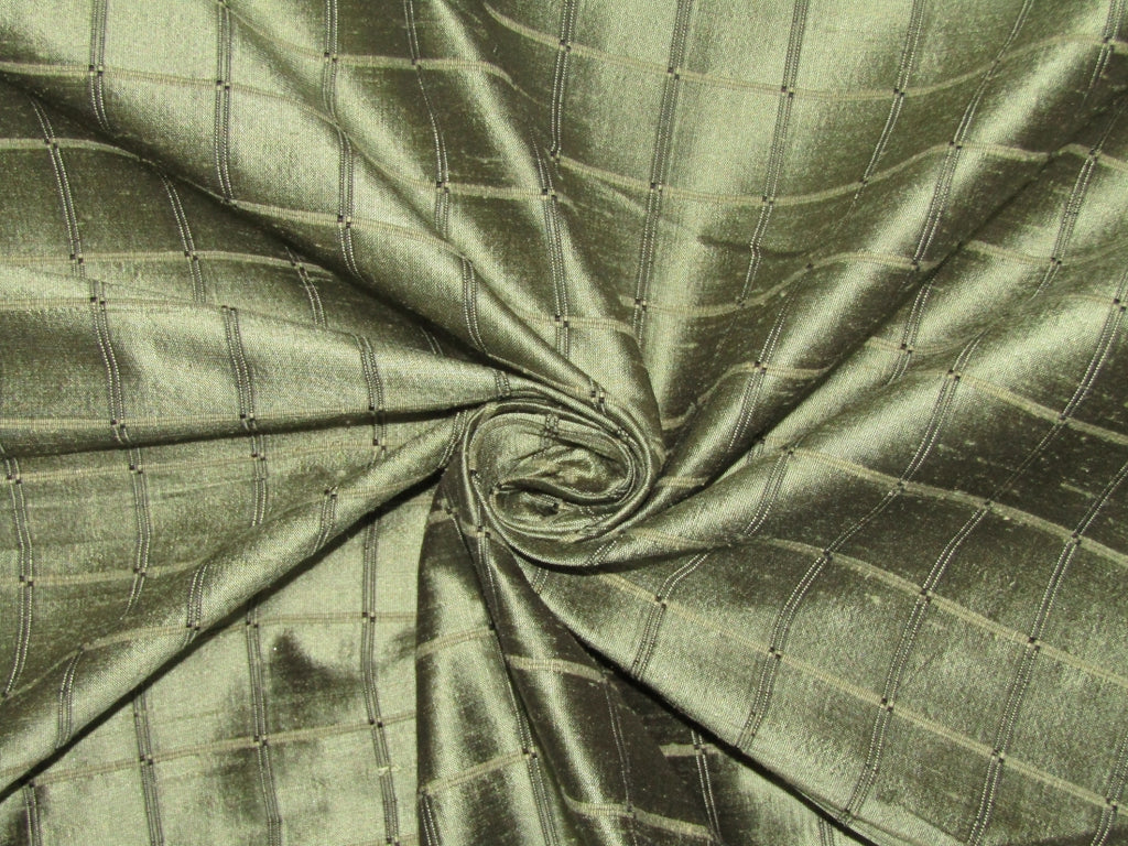 100% Pure Silk Dupioni Olive Green X Black Plaids Fabric 54" wide DUP#C69[2]