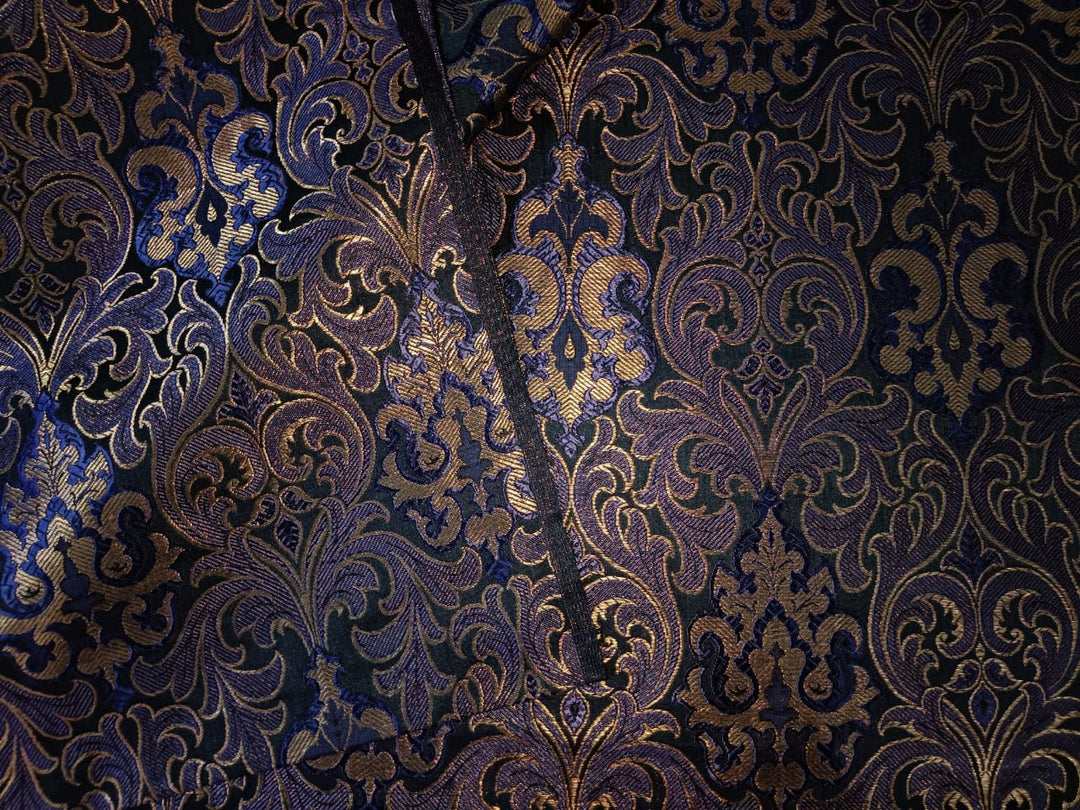 silk brocade fabric-hand loom woven black/purple/gold metallic