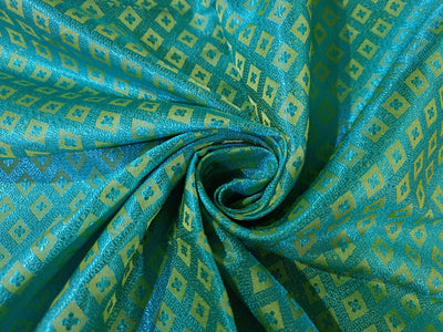 SILK BROCADE FABRIC Lime & Blue color 44" wide BRO206[6]
