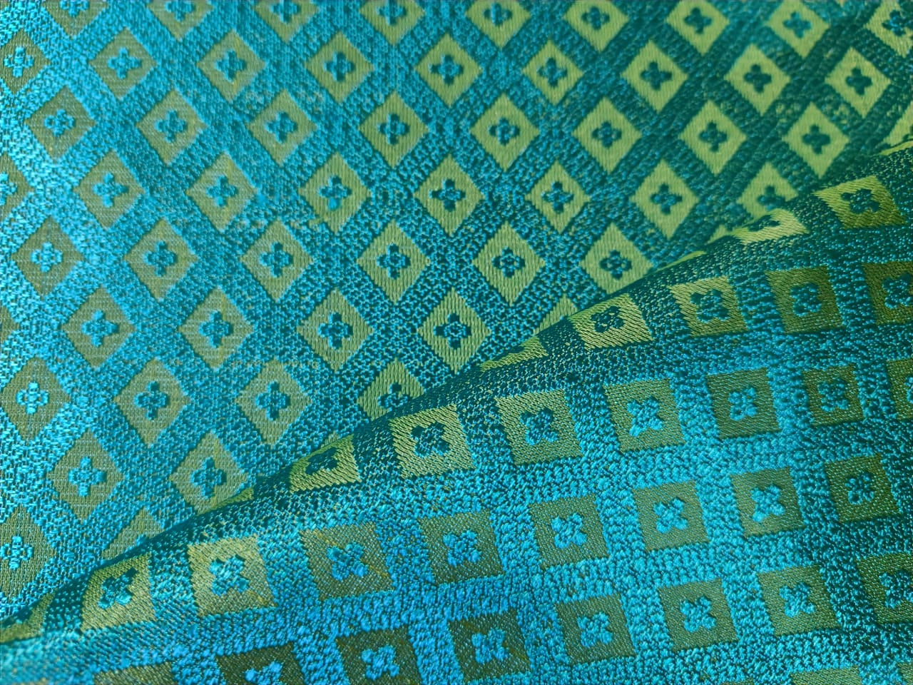 SILK BROCADE FABRIC Lime & Blue color 44" wide BRO206[6]