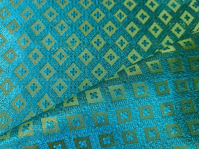 SILK BROCADE FABRIC Lime & Blue color 44" wide BRO206[6]