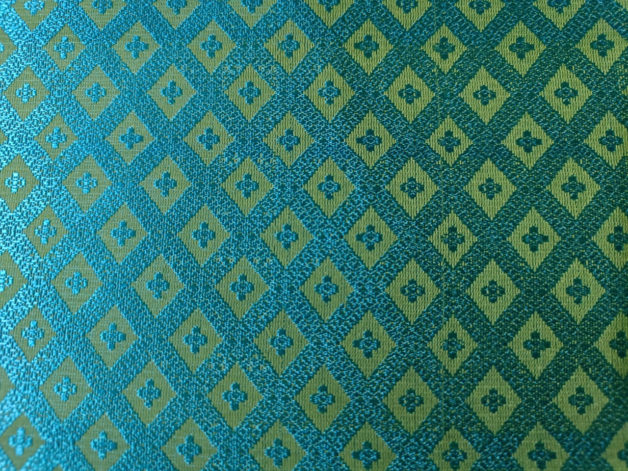 SILK BROCADE FABRIC Lime & Blue color 44" wide BRO206[6]